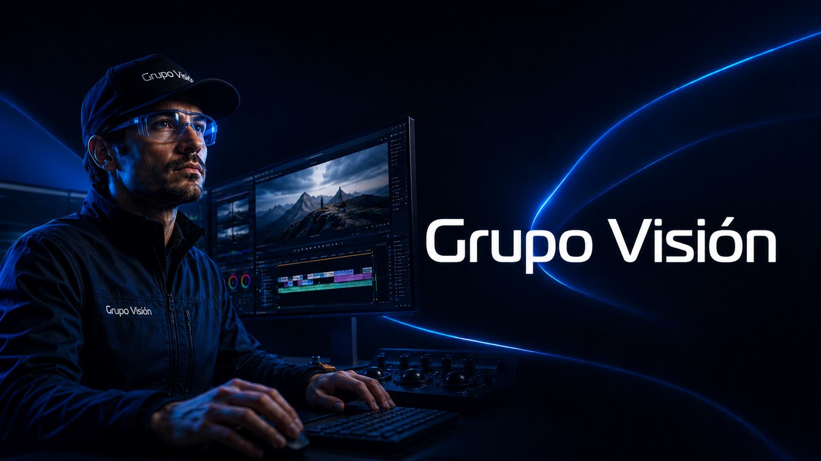 Editor de Grupo Visión trabajando en post-producción de video en un estudio de edición